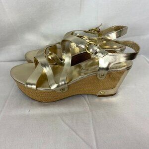 Audrey‎ Brooke Wedge Platform Heel Sandals Women's 9M Gold Strappy Open Toe.